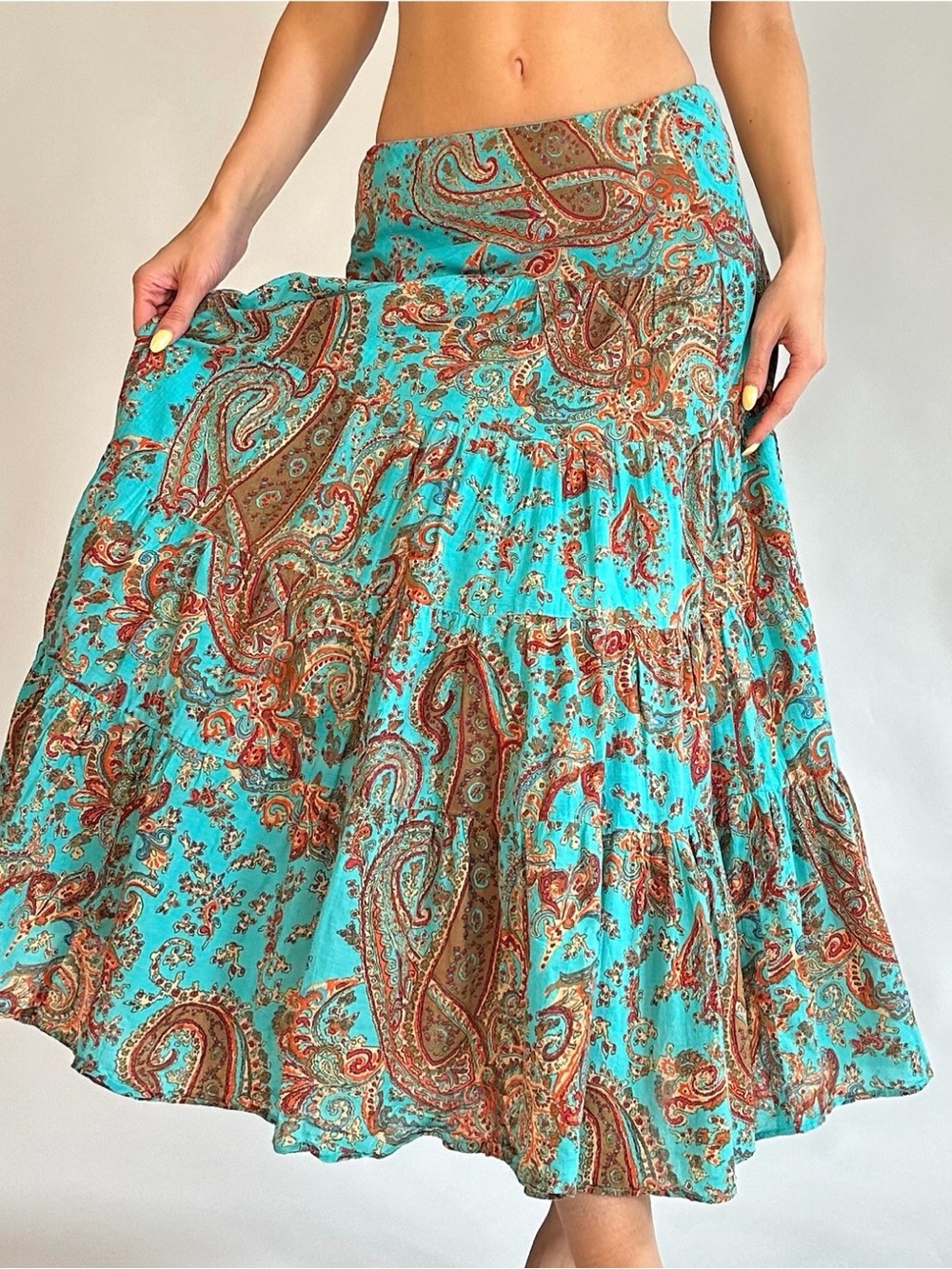 Ralph Lauren Vintage Boho Paisley Print Blue Flowy Low Rise Maxi Skirt Cotton 1X - Picture 4 of 16
